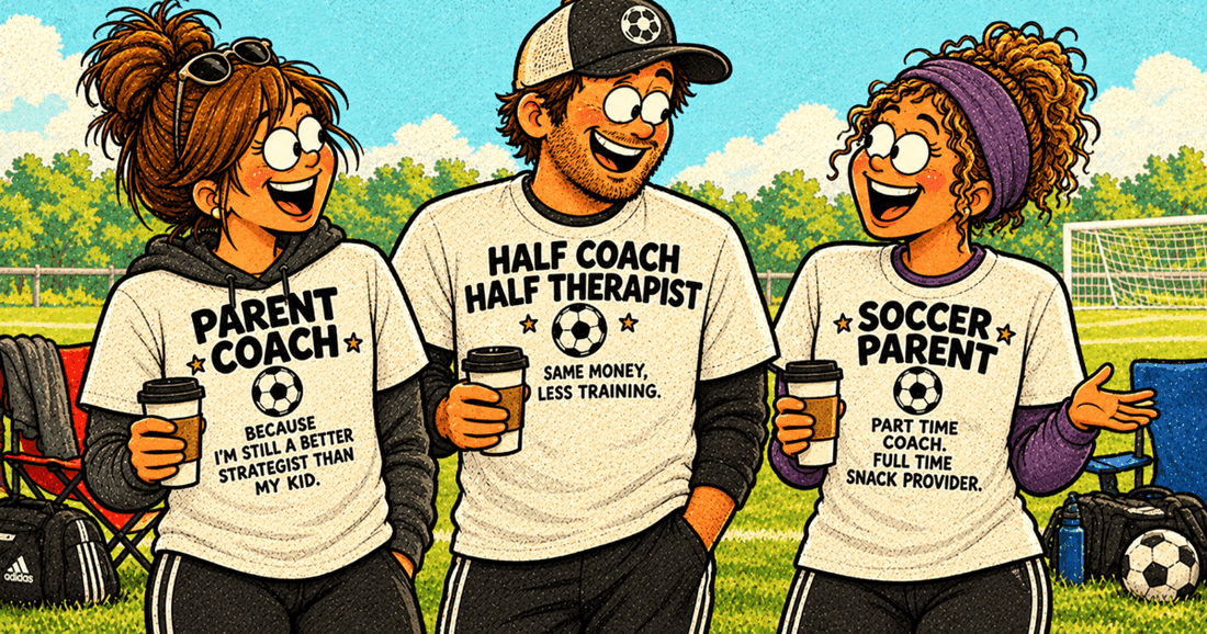 Parents laughing on sports field sideline wearing funny sports parent graphic t-shirts