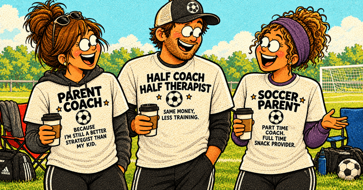 Parents laughing on sports field sideline wearing funny sports parent graphic t-shirts