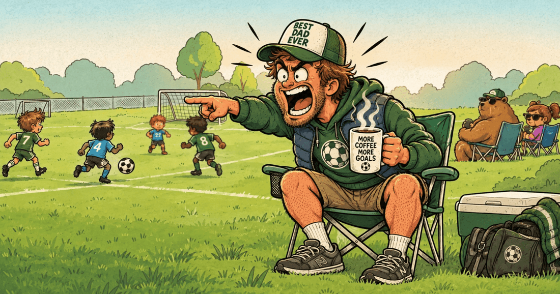 Funny sports parent sitting on folding camp chair screaming encouragement from the sideline