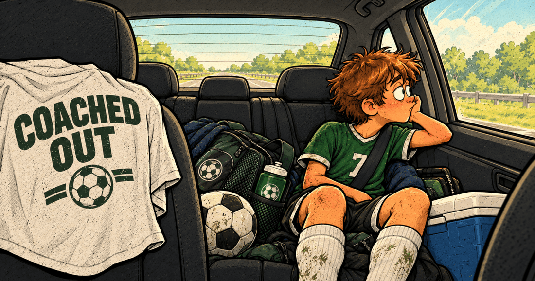 Young athlete staring out window during post-game car ride home with sports gear