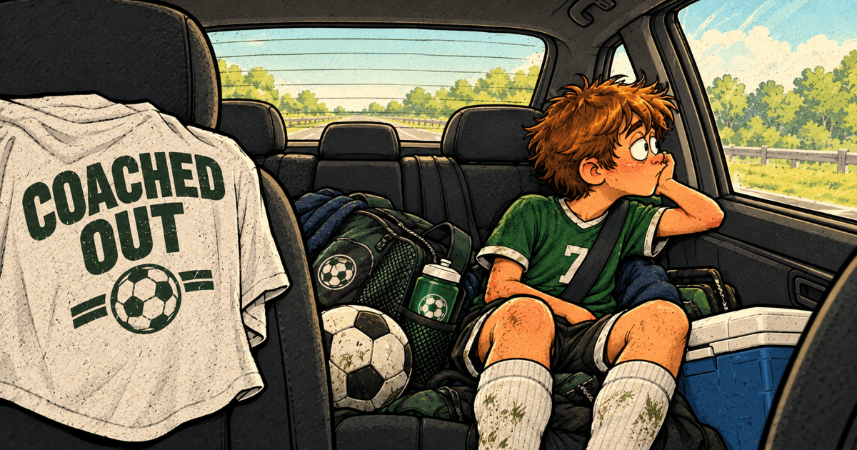 Young athlete staring out window during post-game car ride home with sports gear