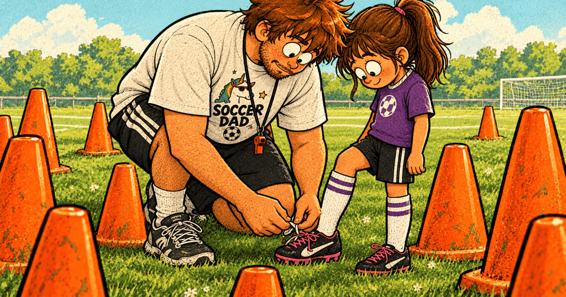Volunteer parent coach tying young player's sports shoes on training pitch surrounded by cones
