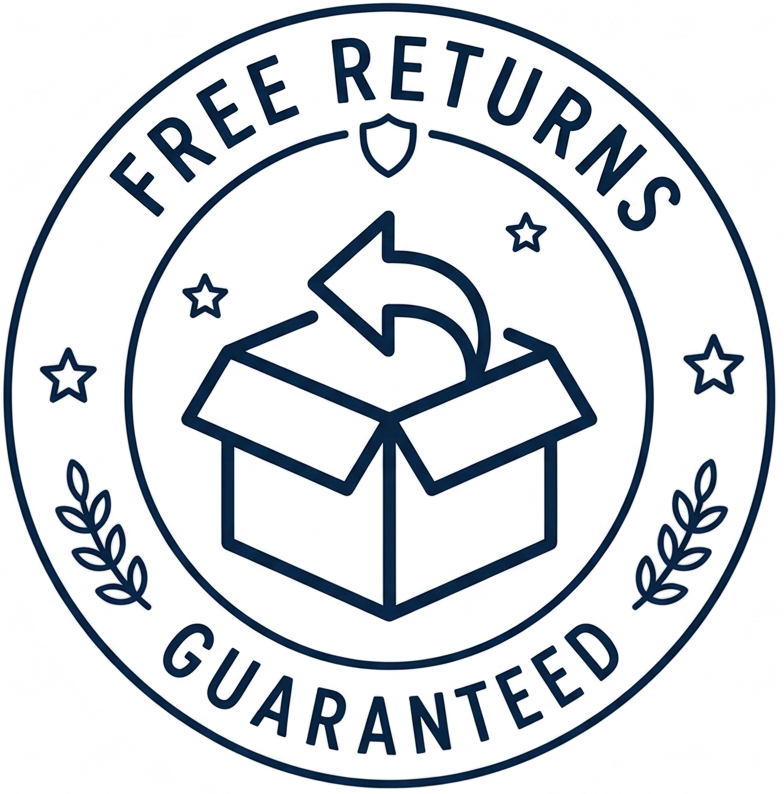 A circular navy blue graphic seal with the words 'FREE RETURNS GUARANTEED' surrounding an open box with a curved return arrow, stars, and leaf motifs on a white background.